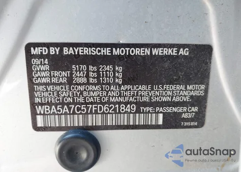 2015 BMW 528I xDrive z USA, uszkodzony, nr VIN WBA5A7C57FD621849